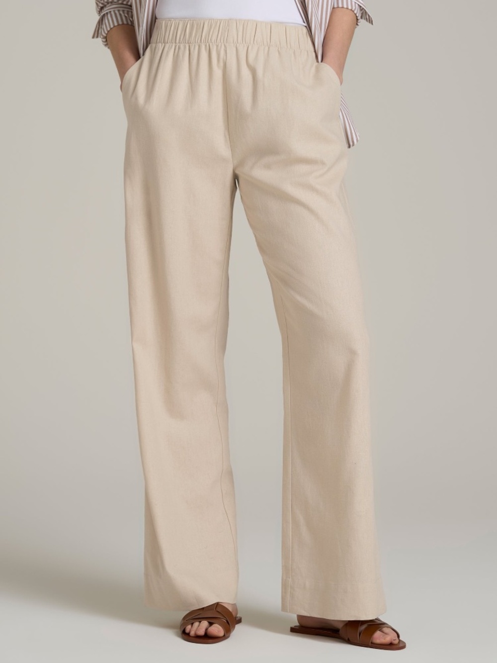 American Tall Pull On Wide Leg Linen Pants for Tall Women in Light Stone Size MM
